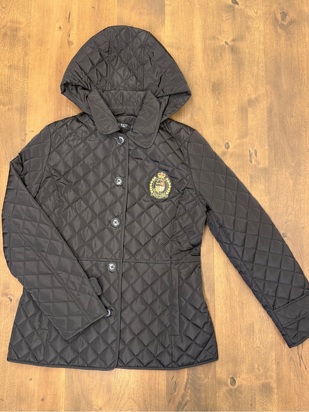 NWT Lauren Ralph Lauren Black Quilted Jacket Detachable Hood Gold Crest